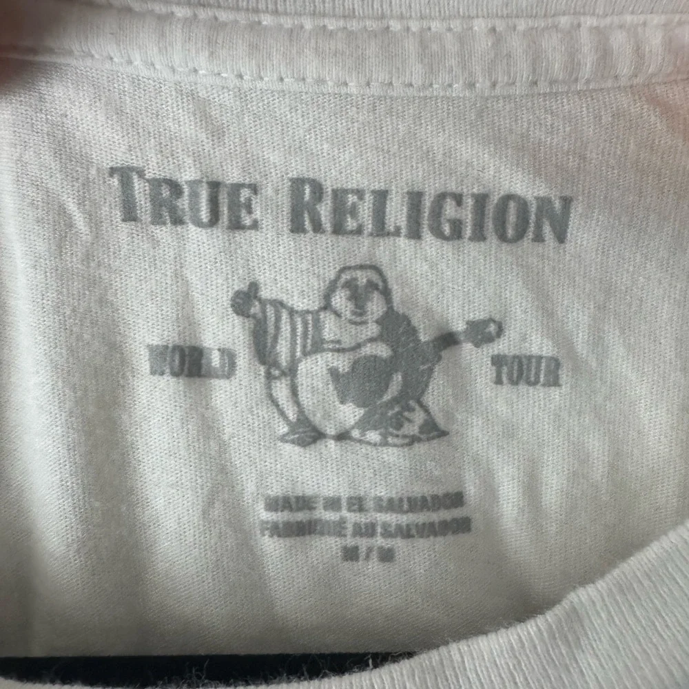 True Religion Off White Cream Cotton Graphic Tee Black Horseshoe & Buddha Print